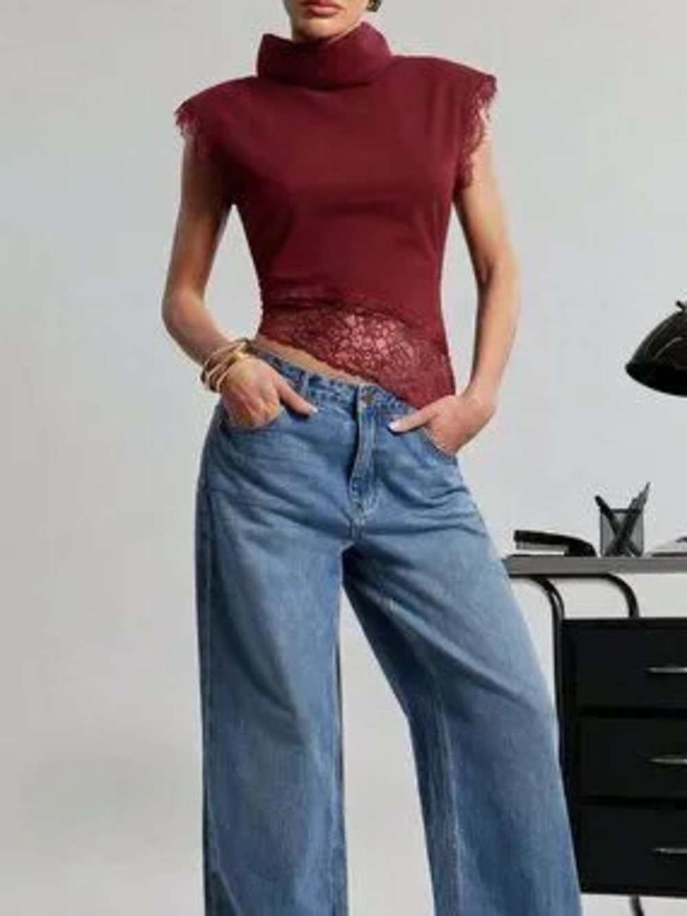 ZARA Burgundy Casual Women's Sexy Office High Turtle Neck Lace Trim Knit Top